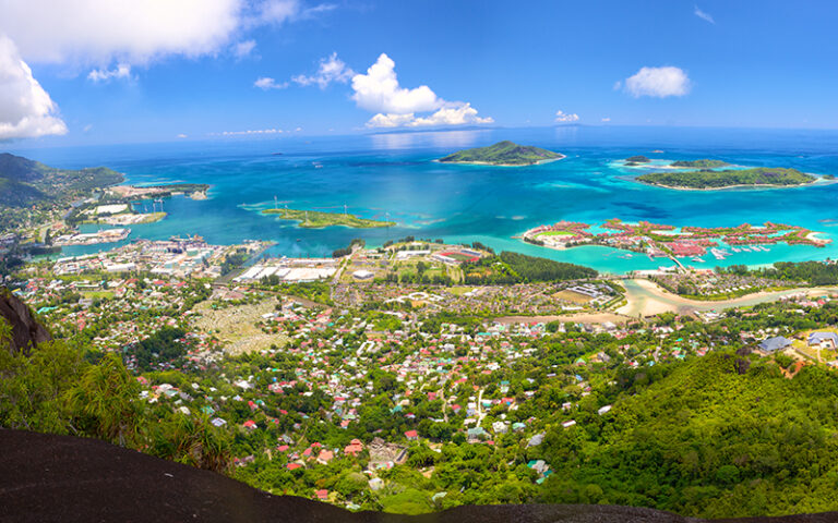 Aerial panoramic view of Mahe coastline, Seychelles